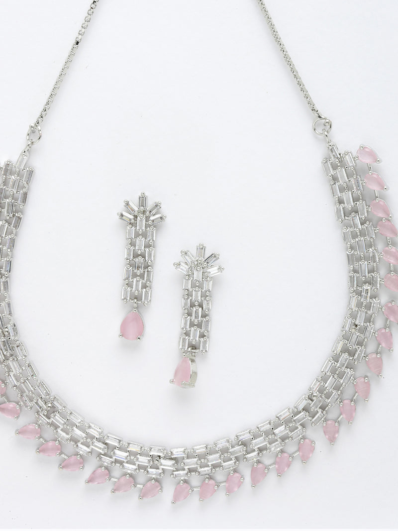 Rhodium-Plated with Silver-Toned Pink and White American Diamond Studded Necklace & Earrings Jewellery Set