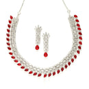 Rhodium-Plated with Silver-Toned Red and White American Diamond Studded Necklace & Earrings Jewellery Set