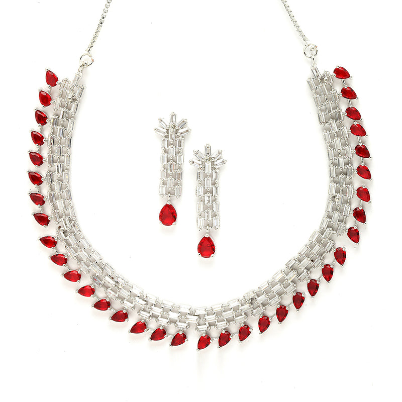 Rhodium-Plated with Silver-Toned Red and White American Diamond Studded Necklace & Earrings Jewellery Set