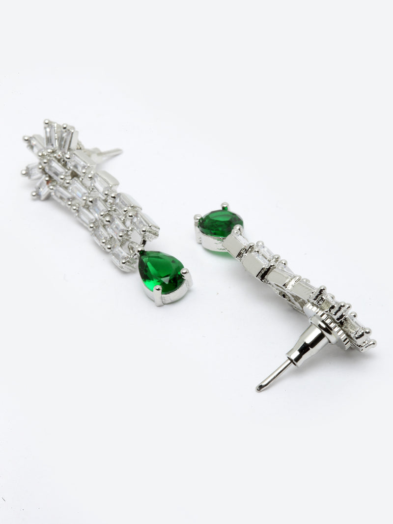 Rhodium-Plated with Silver-Toned Green and White American Diamond Studded Necklace & Earrings Jewellery Set