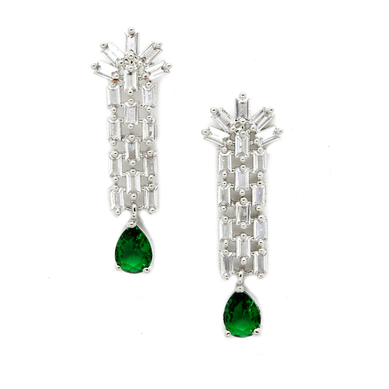 Rhodium-Plated with Silver-Toned Green and White American Diamond Studded Necklace & Earrings Jewellery Set