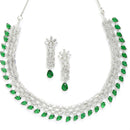 Rhodium-Plated with Silver-Toned Green and White American Diamond Studded Necklace & Earrings Jewellery Set