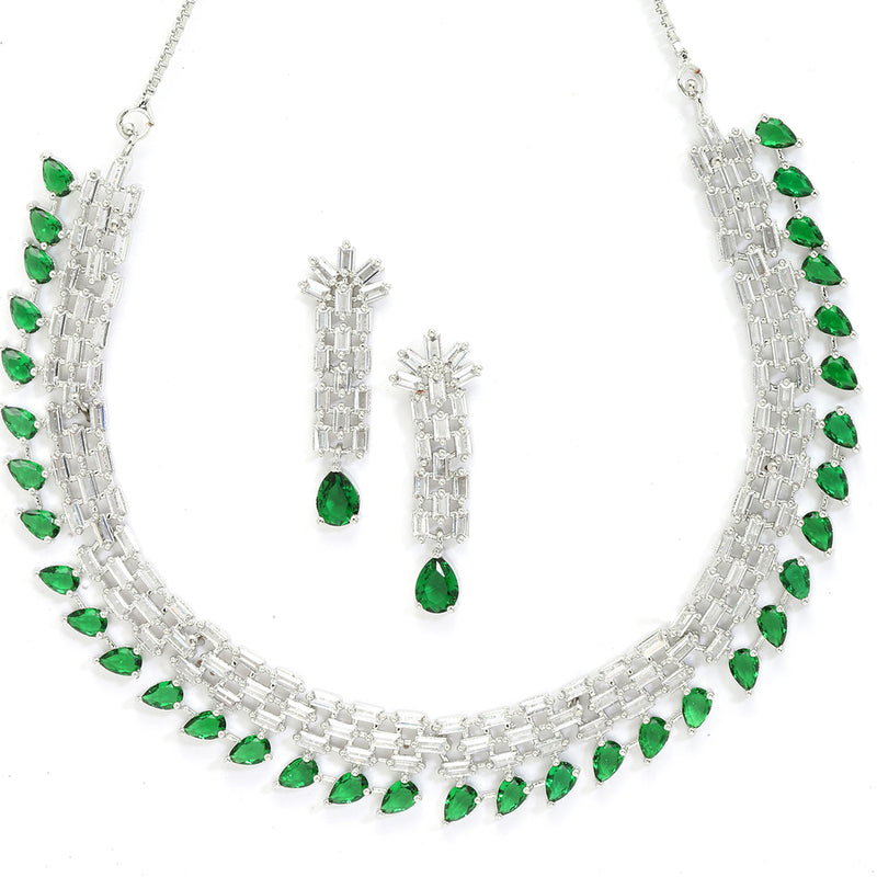 Rhodium-Plated with Silver-Toned Green and White American Diamond Studded Necklace & Earrings Jewellery Set