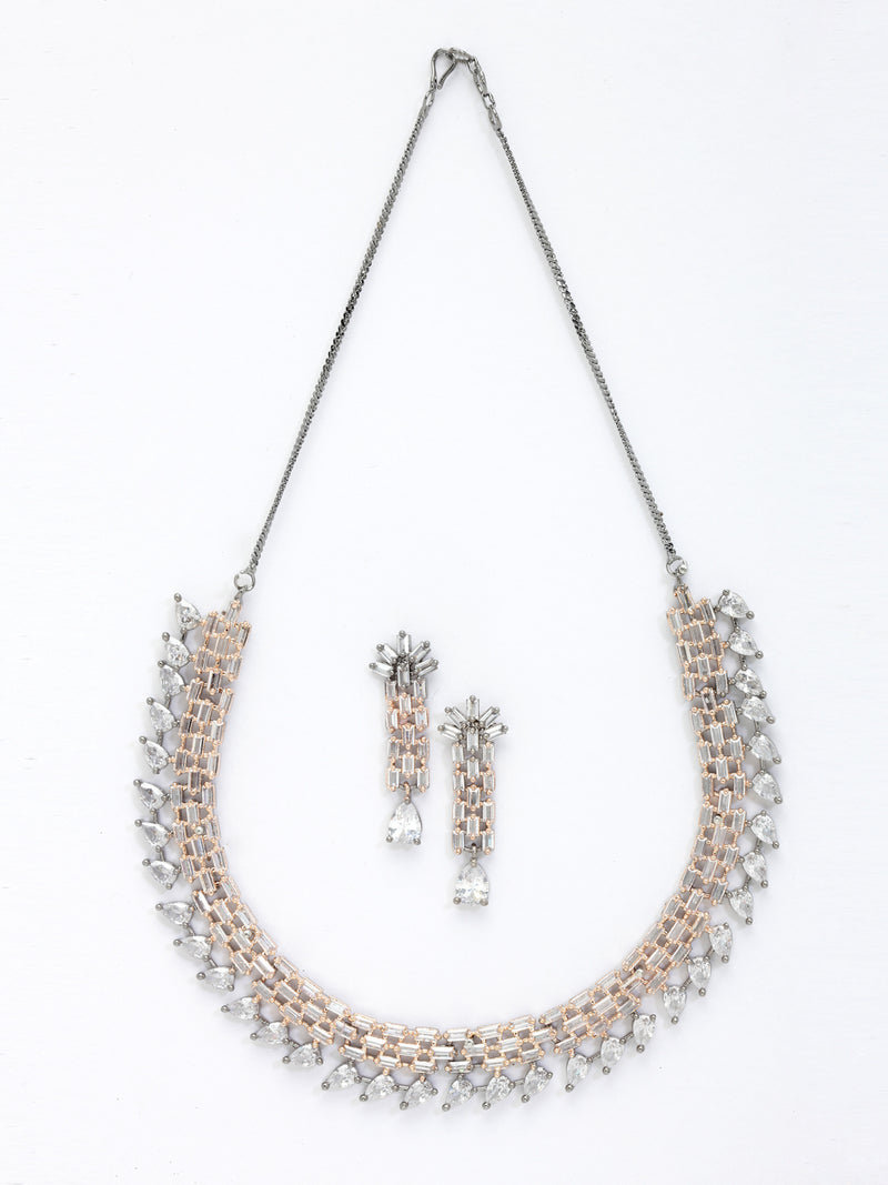 Rose Gold-Plated White and Rose Black American Diamond Studded Necklace & Earrings Jewellery Set