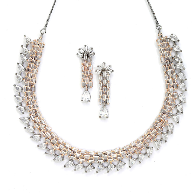 Rose Gold-Plated White and Rose Black American Diamond Studded Necklace & Earrings Jewellery Set