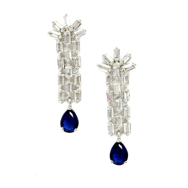 Rhodium-Plated with Silver-Toned Navy Blue and White American Diamond Studded Necklace & Earrings Jewellery Set