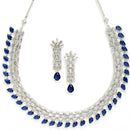 Rhodium-Plated with Silver-Toned Navy Blue and White American Diamond Studded Necklace & Earrings Jewellery Set