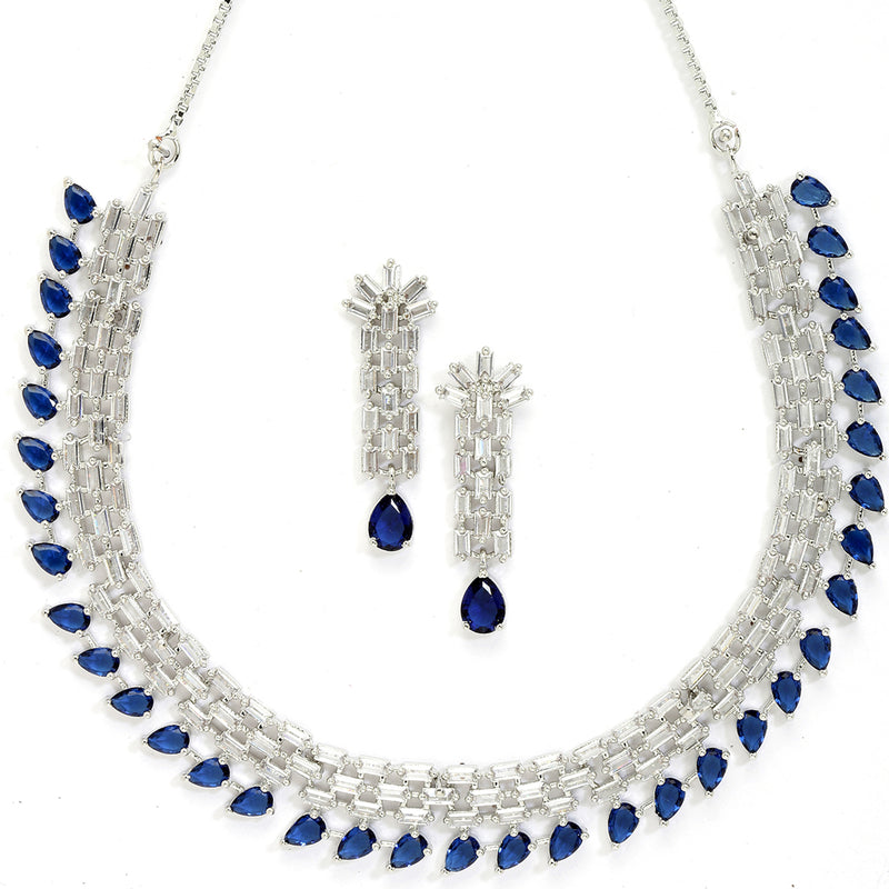 Rhodium-Plated with Silver-Toned Navy Blue and White American Diamond Studded Necklace & Earrings Jewellery Set