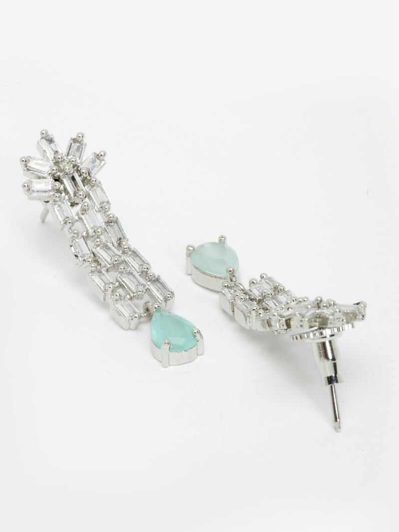 Rhodium-Plated with Silver-Toned Sea Green and White American Diamond Studded Necklace & Earrings Jewellery Set