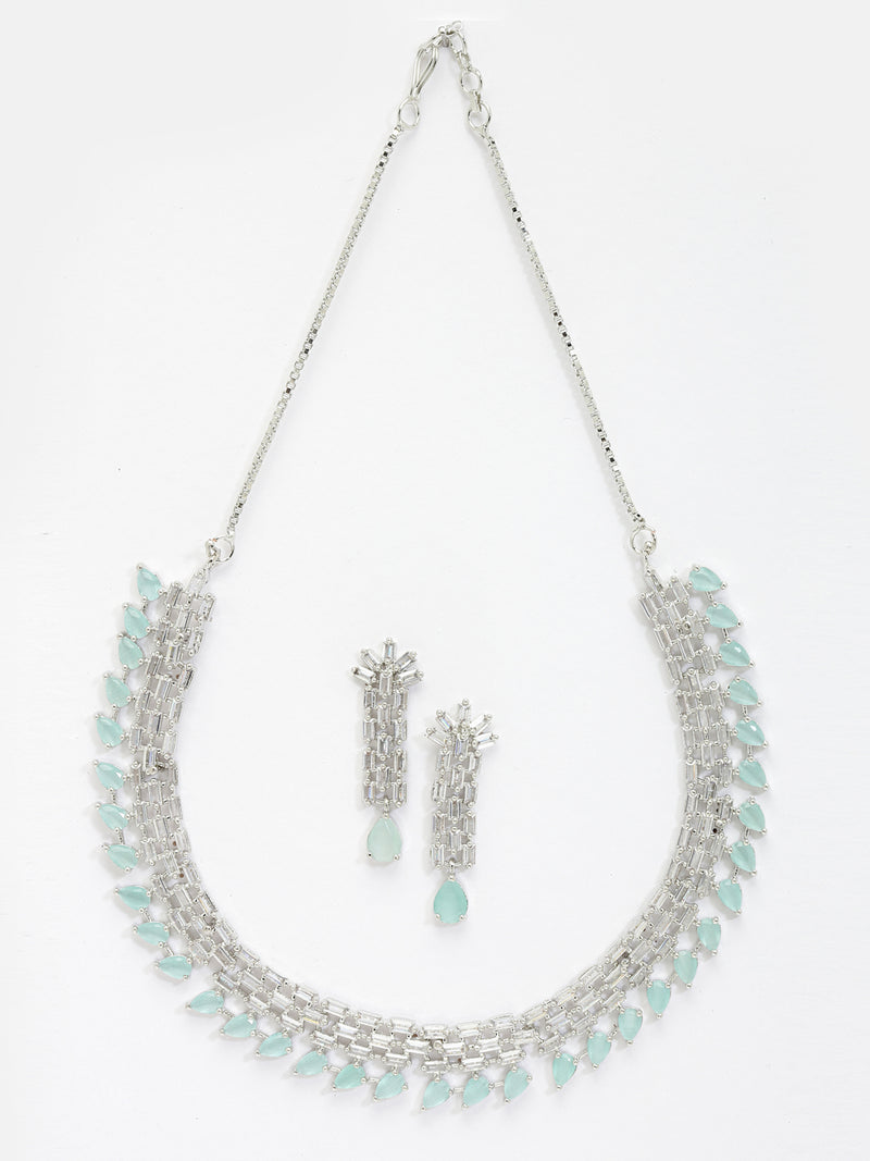 Rhodium-Plated with Silver-Toned Sea Green and White American Diamond Studded Necklace & Earrings Jewellery Set