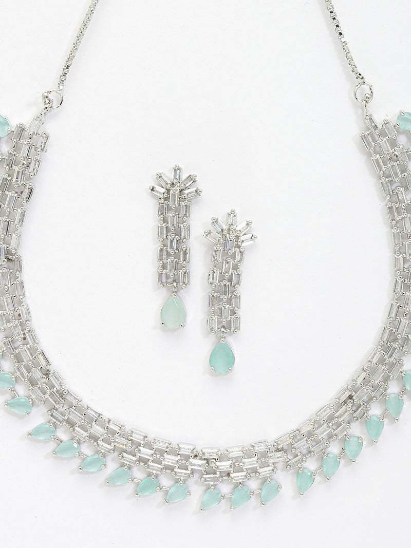 Rhodium-Plated with Silver-Toned Sea Green and White American Diamond Studded Necklace & Earrings Jewellery Set