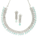 Rhodium-Plated with Silver-Toned Sea Green and White American Diamond Studded Necklace & Earrings Jewellery Set