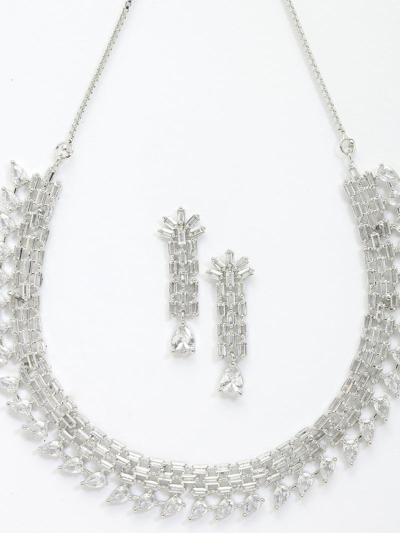 Rhodium-Plated with Silver-Toned White American Diamond Studded Necklace & Earrings Jewellery Set