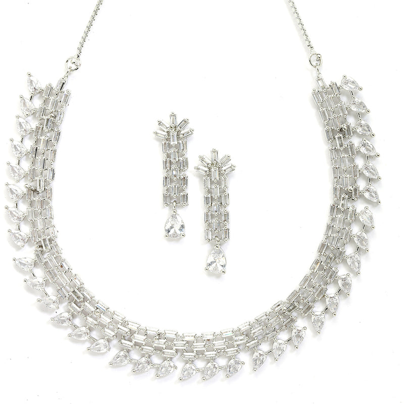 Rhodium-Plated with Silver-Toned White American Diamond Studded Necklace & Earrings Jewellery Set