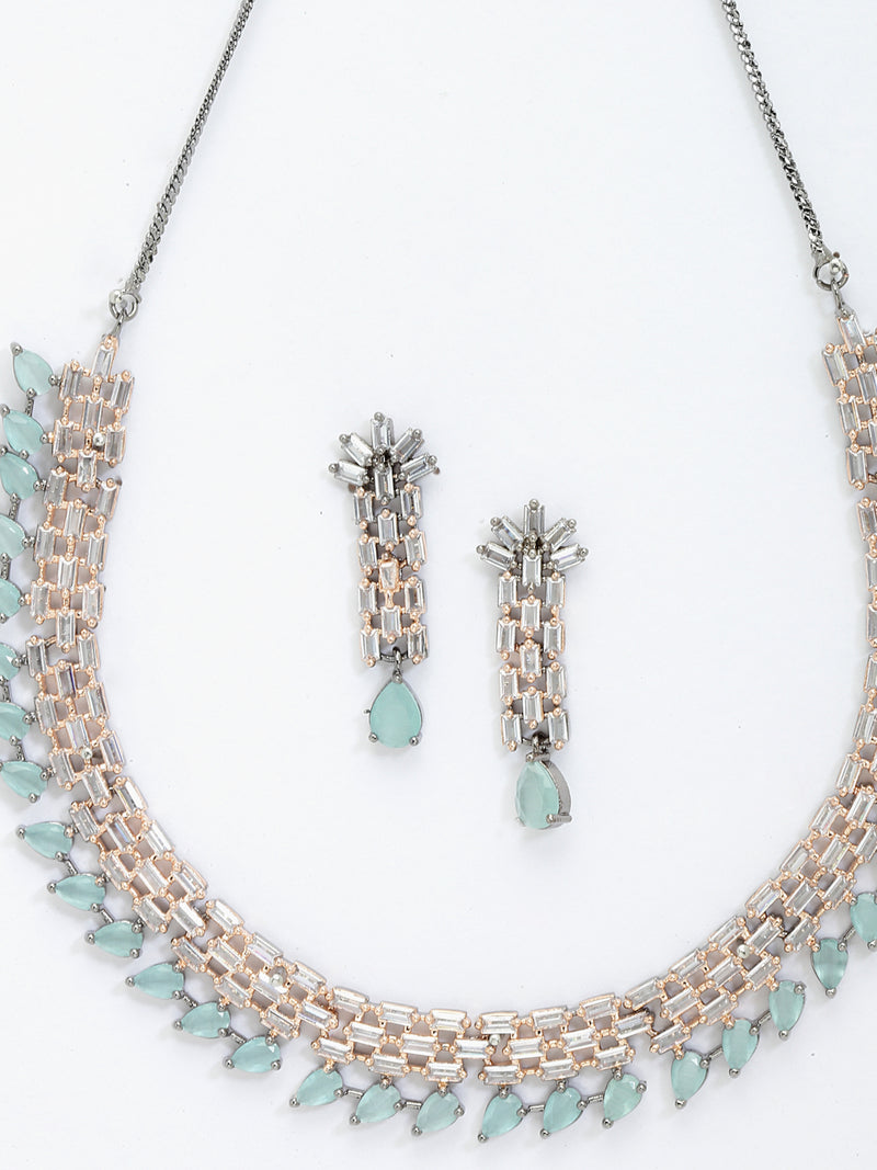 Rose Gold-Plated Sea Green and Rose Black American Diamond Studded Necklace & Earrings Jewellery Set