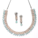 Rose Gold-Plated Sea Green and Rose Black American Diamond Studded Necklace & Earrings Jewellery Set