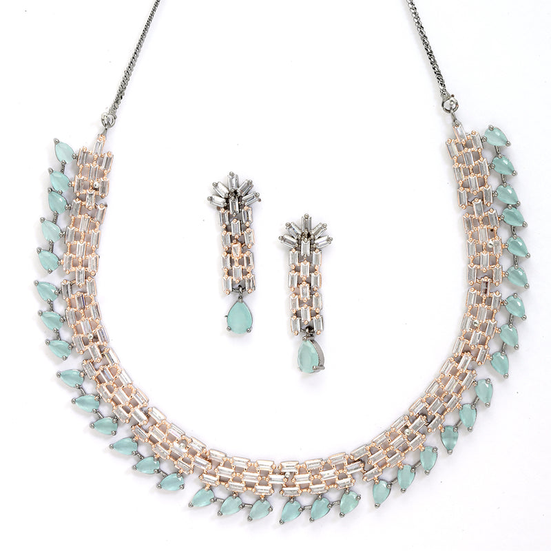 Rose Gold-Plated Sea Green and Rose Black American Diamond Studded Necklace & Earrings Jewellery Set