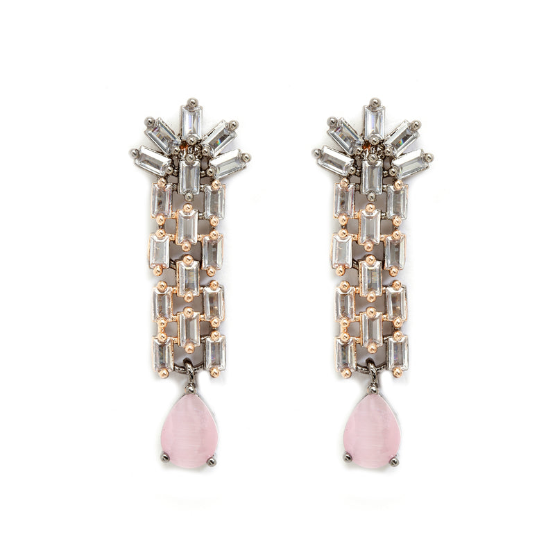 Rose Gold-Plated Pink and Rose Black American Diamond Studded Necklace & Earrings Jewellery Set