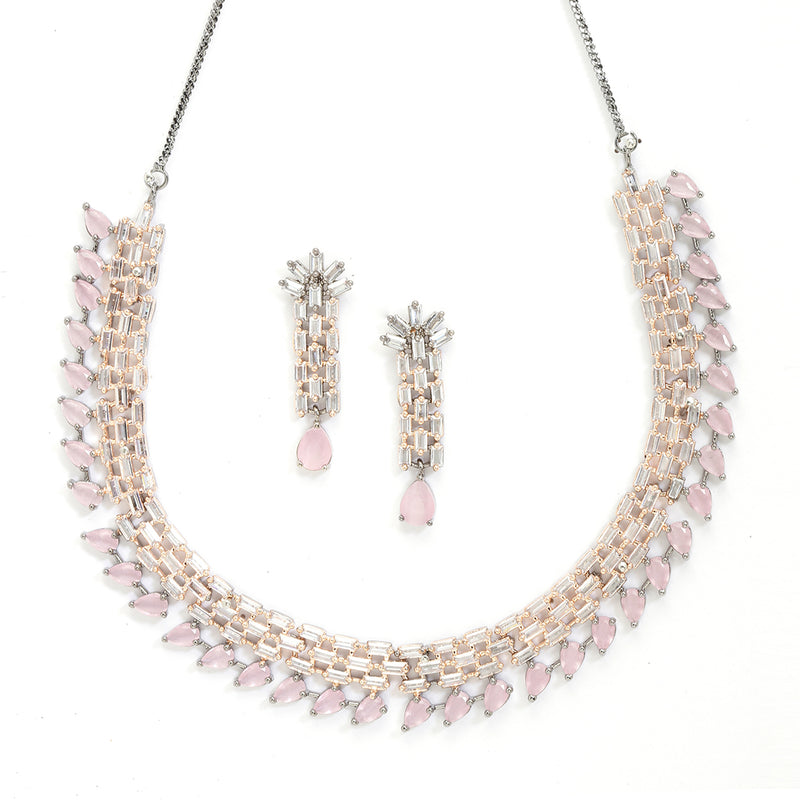 Rose Gold-Plated Pink and Rose Black American Diamond Studded Necklace & Earrings Jewellery Set