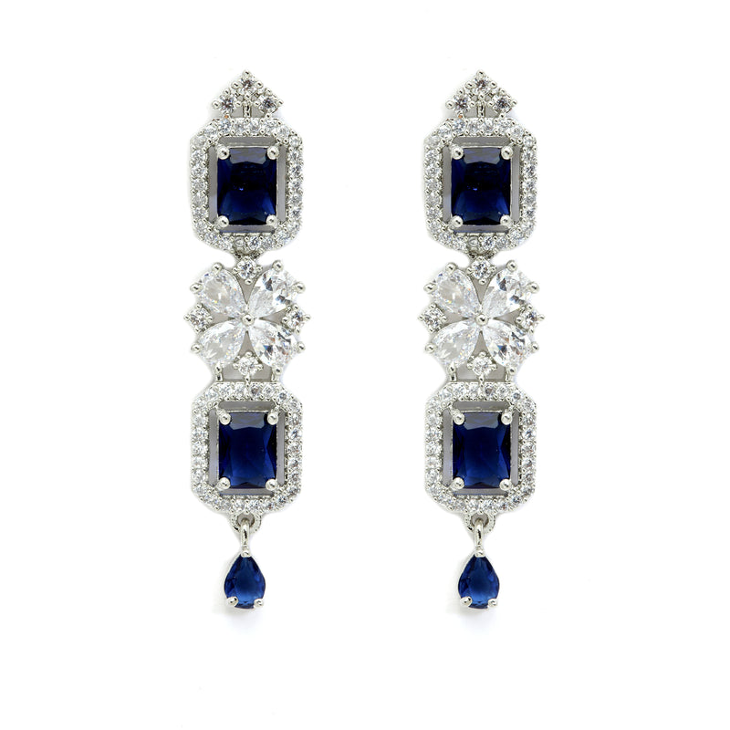 Rhodium-Plated with Silver-Toned Navy Blue and White American Diamond Studded Necklace and Earrings Jewellery Set