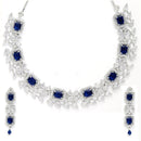 Rhodium-Plated with Silver-Toned Navy Blue and White American Diamond Studded Necklace and Earrings Jewellery Set