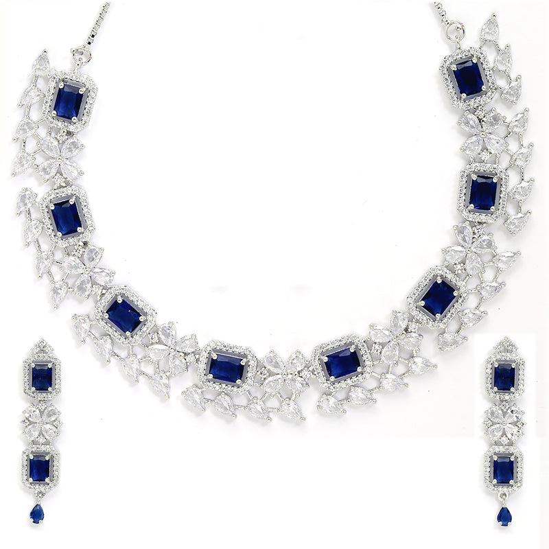 Rhodium-Plated with Silver-Toned Navy Blue and White American Diamond Studded Necklace and Earrings Jewellery Set