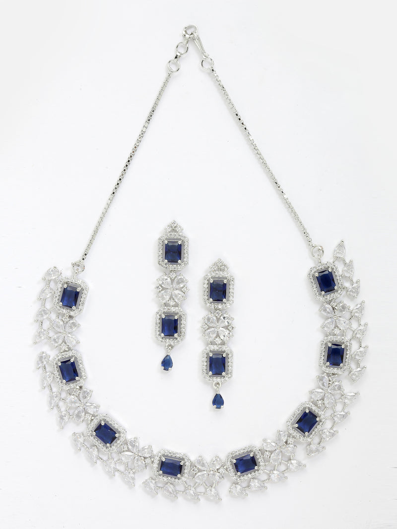 Rhodium-Plated with Silver-Toned Navy Blue and White American Diamond Studded Necklace and Earrings Jewellery Set