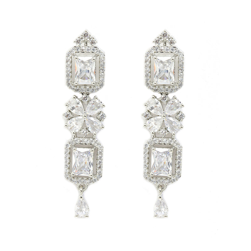 Rhodium-Plated with Silver-Toned White American Diamond Studded Necklace and Earrings Jewellery Set