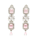 Rhodium-Plated with Silver-Toned Pink and White American Diamond Studded Necklace and Earrings Jewellery Set