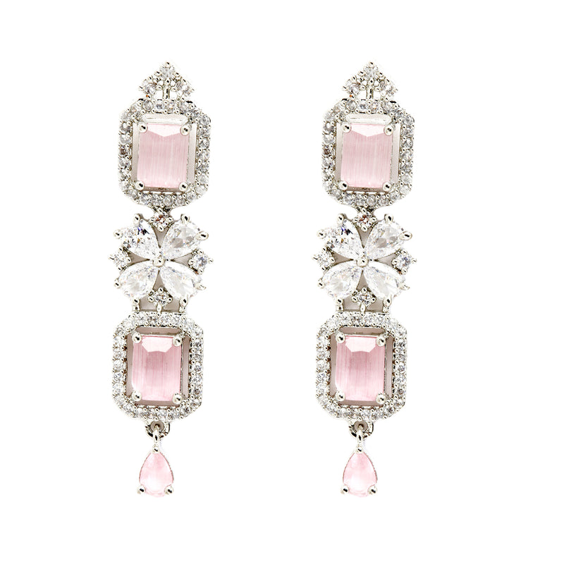 Rhodium-Plated with Silver-Toned Pink and White American Diamond Studded Necklace and Earrings Jewellery Set