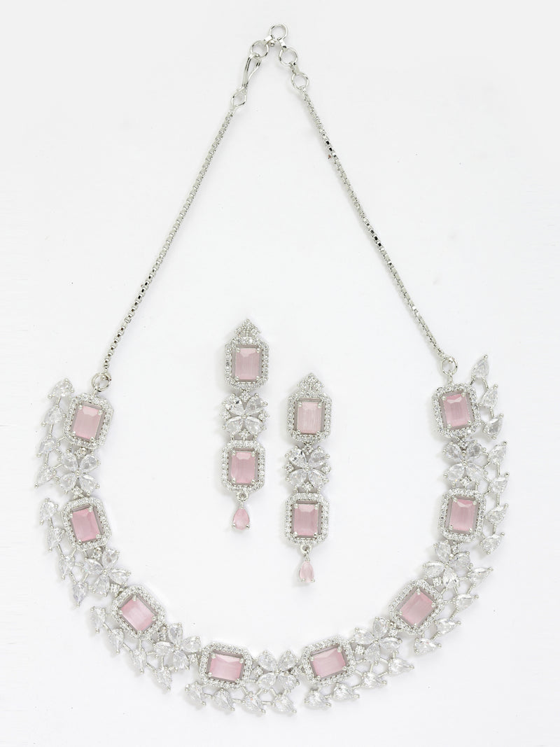 Rhodium-Plated with Silver-Toned Pink and White American Diamond Studded Necklace and Earrings Jewellery Set