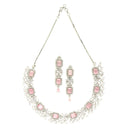 Rhodium-Plated with Silver-Toned Pink and White American Diamond Studded Necklace and Earrings Jewellery Set