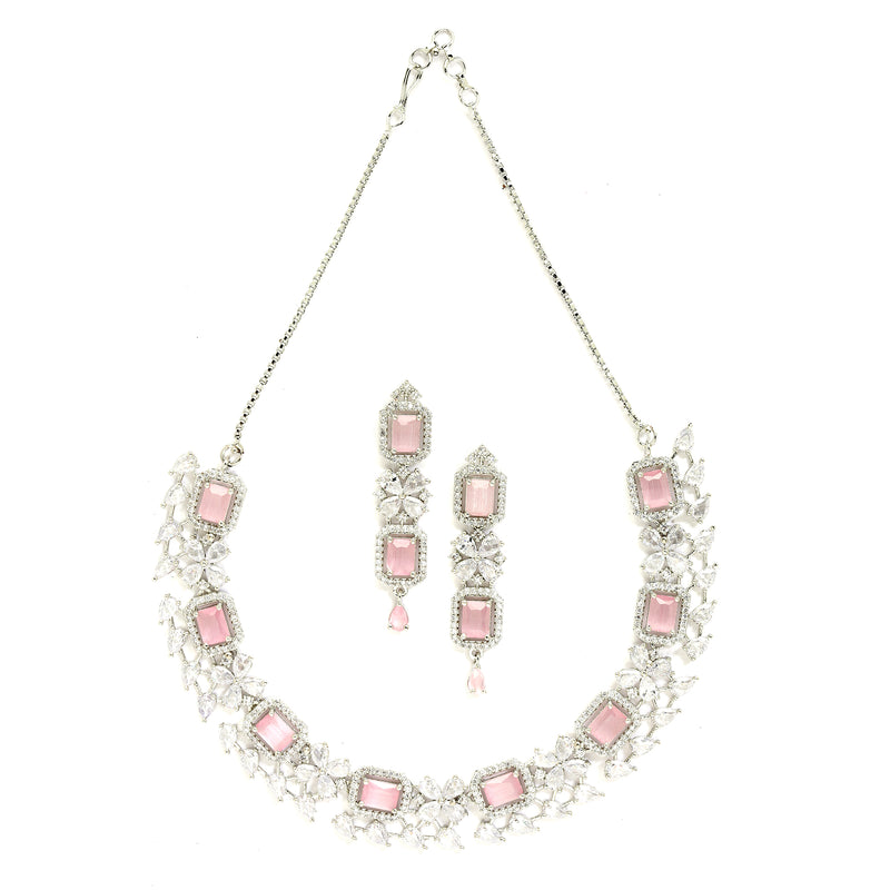 Rhodium-Plated with Silver-Toned Pink and White American Diamond Studded Necklace and Earrings Jewellery Set