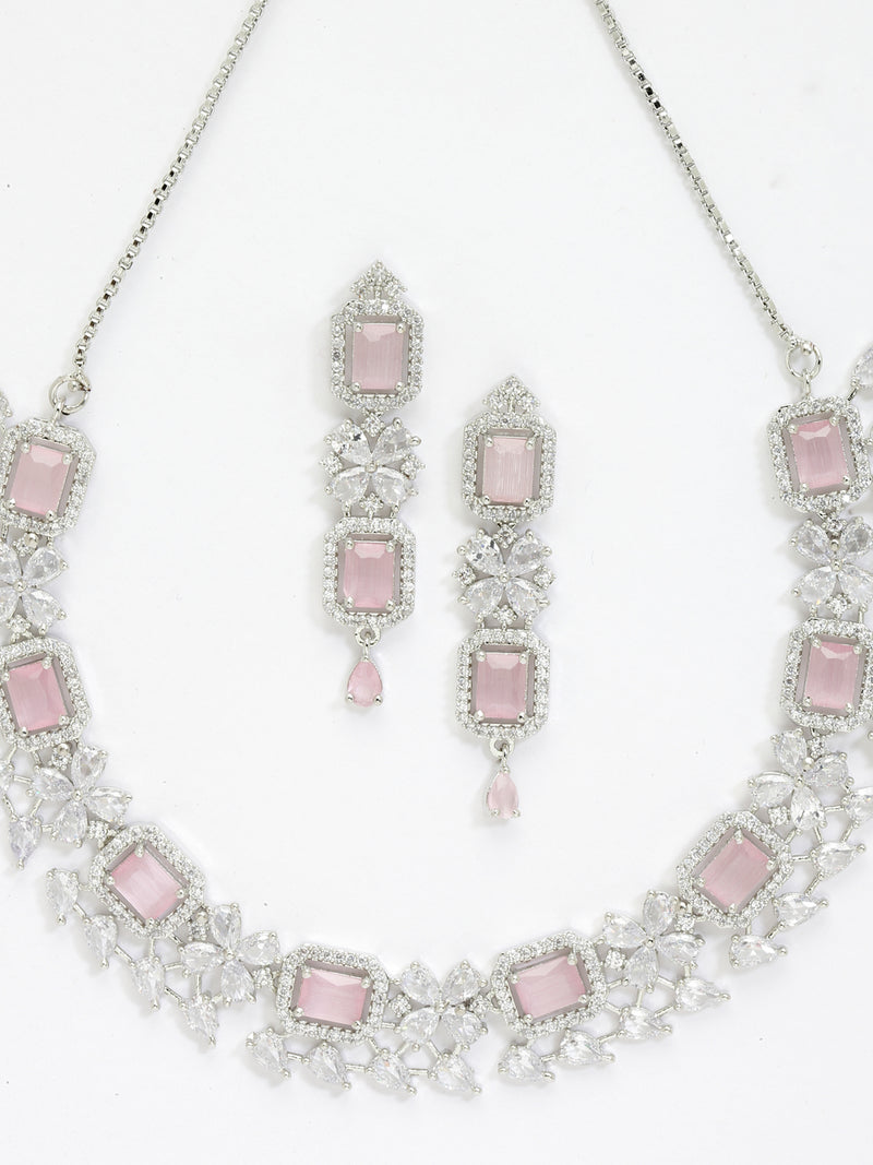 Rhodium-Plated with Silver-Toned Pink and White American Diamond Studded Necklace and Earrings Jewellery Set