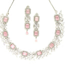 Rhodium-Plated with Silver-Toned Pink and White American Diamond Studded Necklace and Earrings Jewellery Set