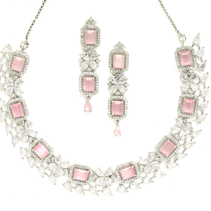 Rhodium-Plated with Silver-Toned Pink and White American Diamond Studded Necklace and Earrings Jewellery Set