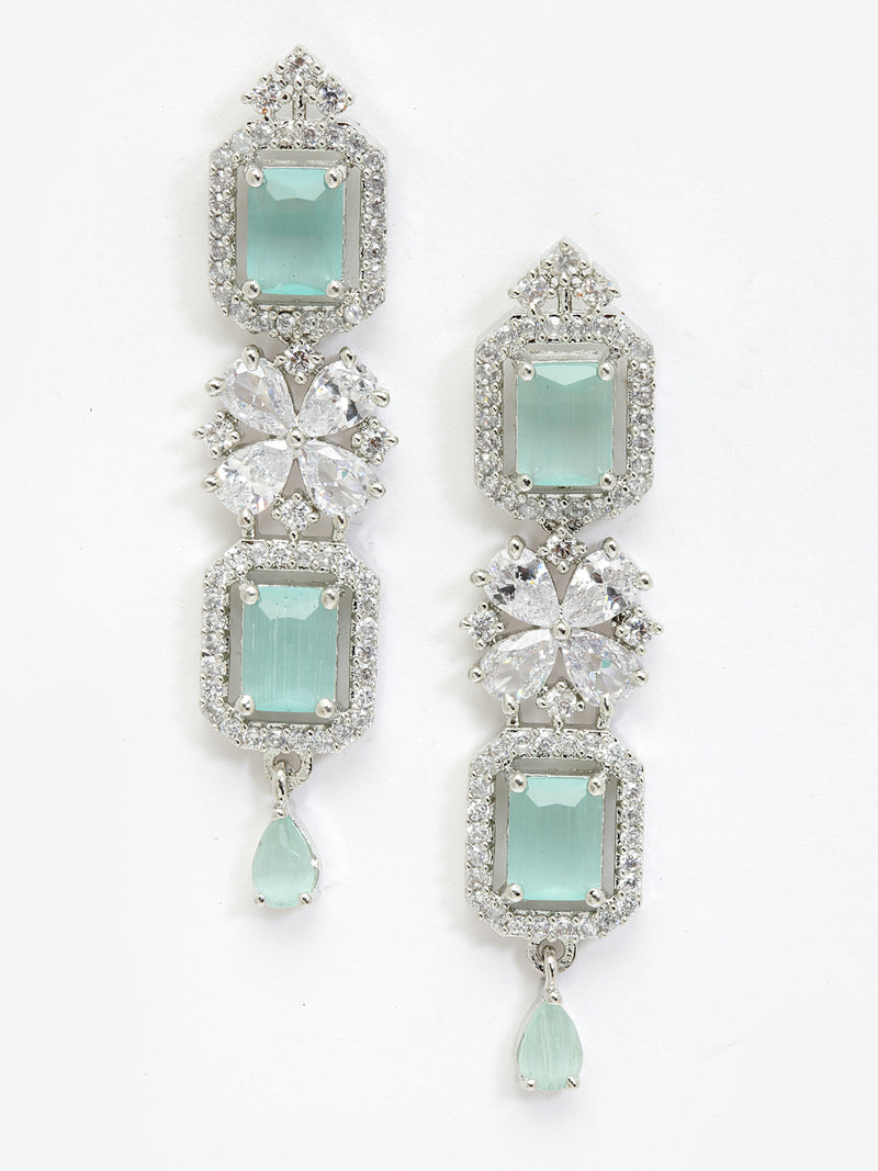 Rhodium-Plated with Silver-Toned Sea Green and White American Diamond Studded Necklace and Earrings Jewellery Set