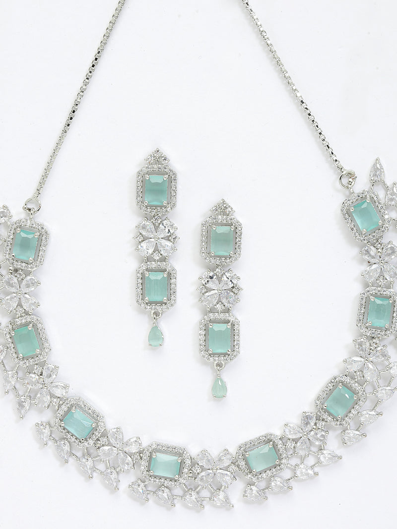 Rhodium-Plated with Silver-Toned Sea Green and White American Diamond Studded Necklace and Earrings Jewellery Set