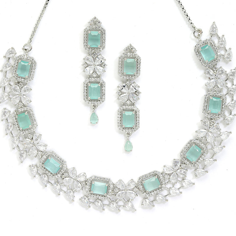 Rhodium-Plated with Silver-Toned Sea Green and White American Diamond Studded Necklace and Earrings Jewellery Set
