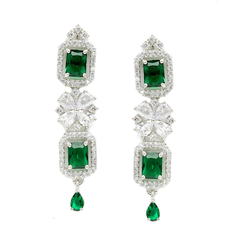 Rhodium-Plated with Silver-Toned Green and White American Diamond Studded Necklace and Earrings Jewellery Set
