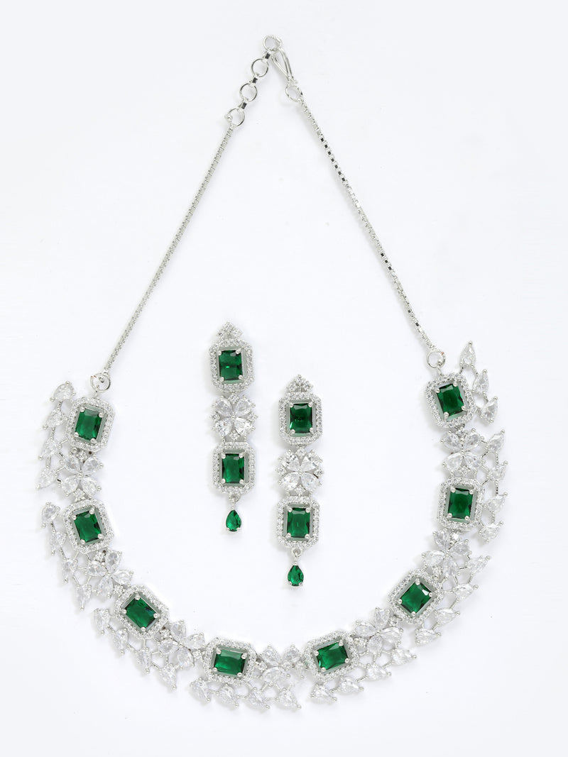 Rhodium-Plated with Silver-Toned Green and White American Diamond Studded Necklace and Earrings Jewellery Set
