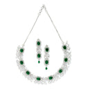 Rhodium-Plated with Silver-Toned Green and White American Diamond Studded Necklace and Earrings Jewellery Set
