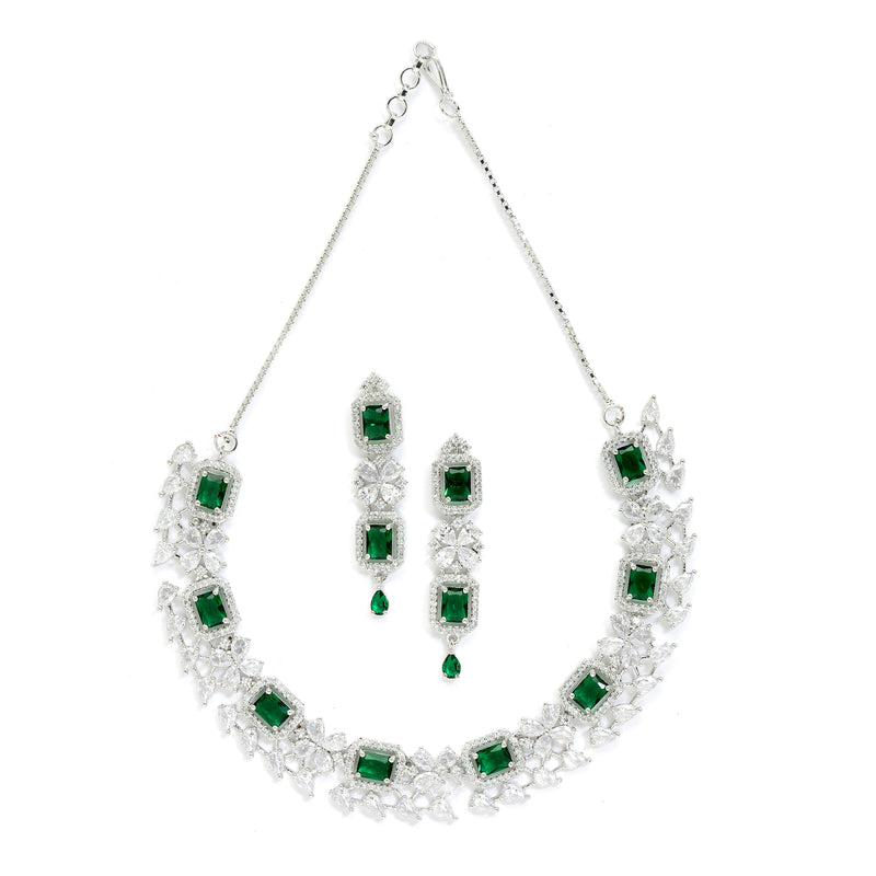 Rhodium-Plated with Silver-Toned Green and White American Diamond Studded Necklace and Earrings Jewellery Set