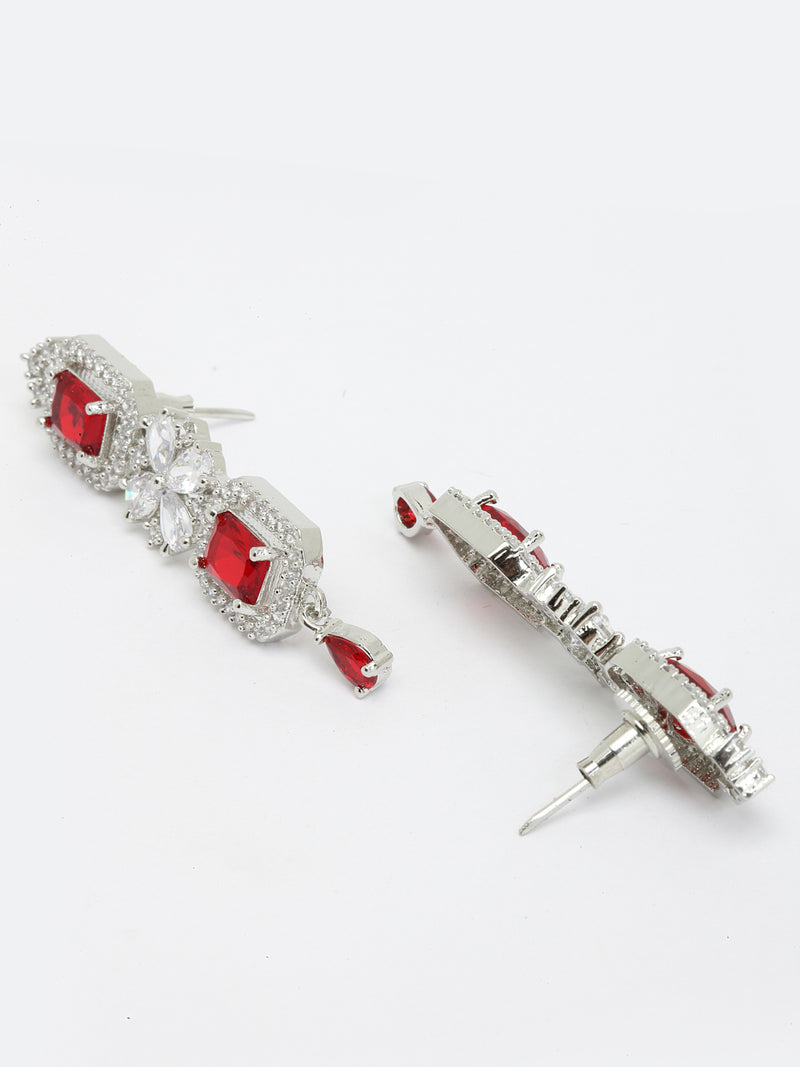 Rhodium-Plated with Silver-Toned Red and White American Diamond Studded Necklace and Earrings Jewellery Set