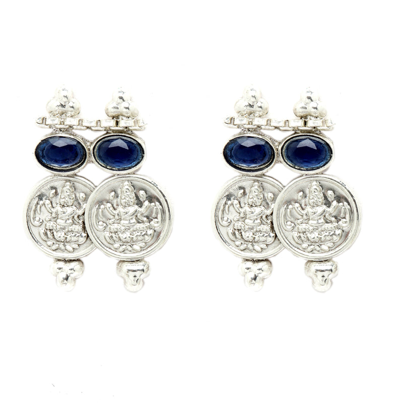 Rhodium-Plated with Oxidised Silver-Plated Navy Blue Artificial Beads Studded & Temple Coin Jewellery Set