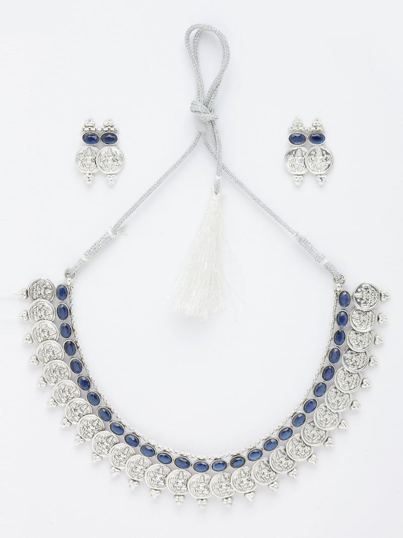 Rhodium-Plated with Oxidised Silver-Plated Navy Blue Artificial Beads Studded & Temple Coin Jewellery Set
