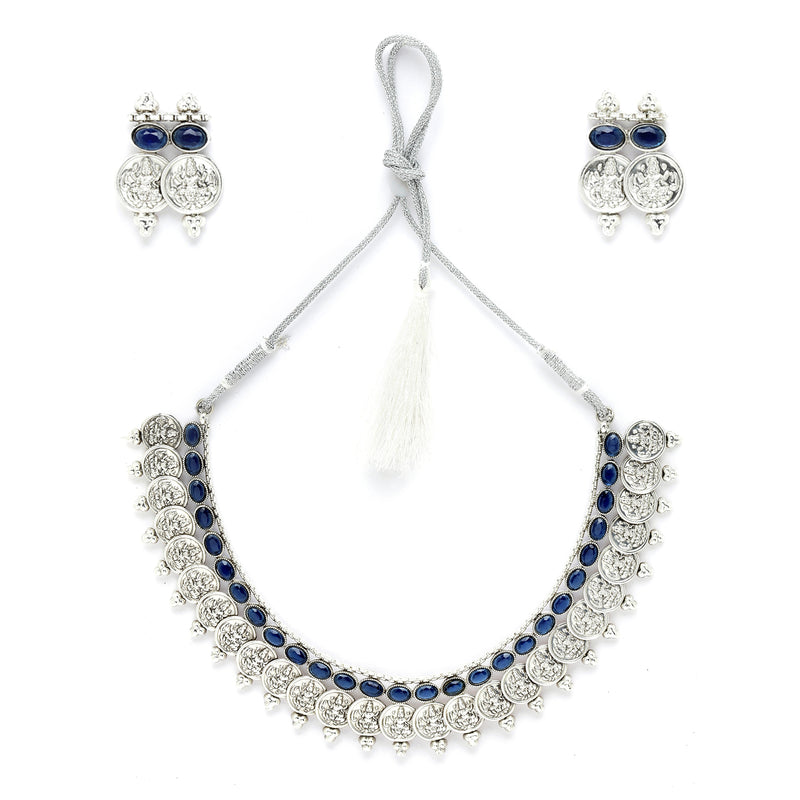 Rhodium-Plated with Oxidised Silver-Plated Navy Blue Artificial Beads Studded & Temple Coin Jewellery Set