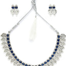 Rhodium-Plated with Oxidised Silver-Plated Navy Blue Artificial Beads Studded & Temple Coin Jewellery Set