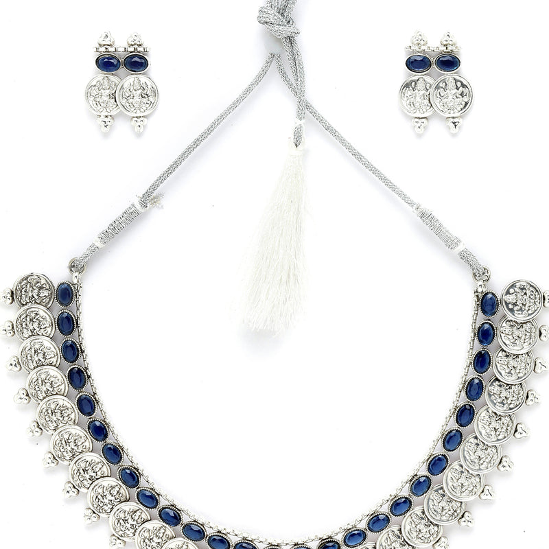 Rhodium-Plated with Oxidised Silver-Plated Navy Blue Artificial Beads Studded & Temple Coin Jewellery Set