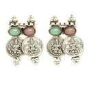 Rhodium-Plated with Oxidised Silver-Plated Pink and Sea Green Artificial Beads Studded & Temple Coin Jewellery Set